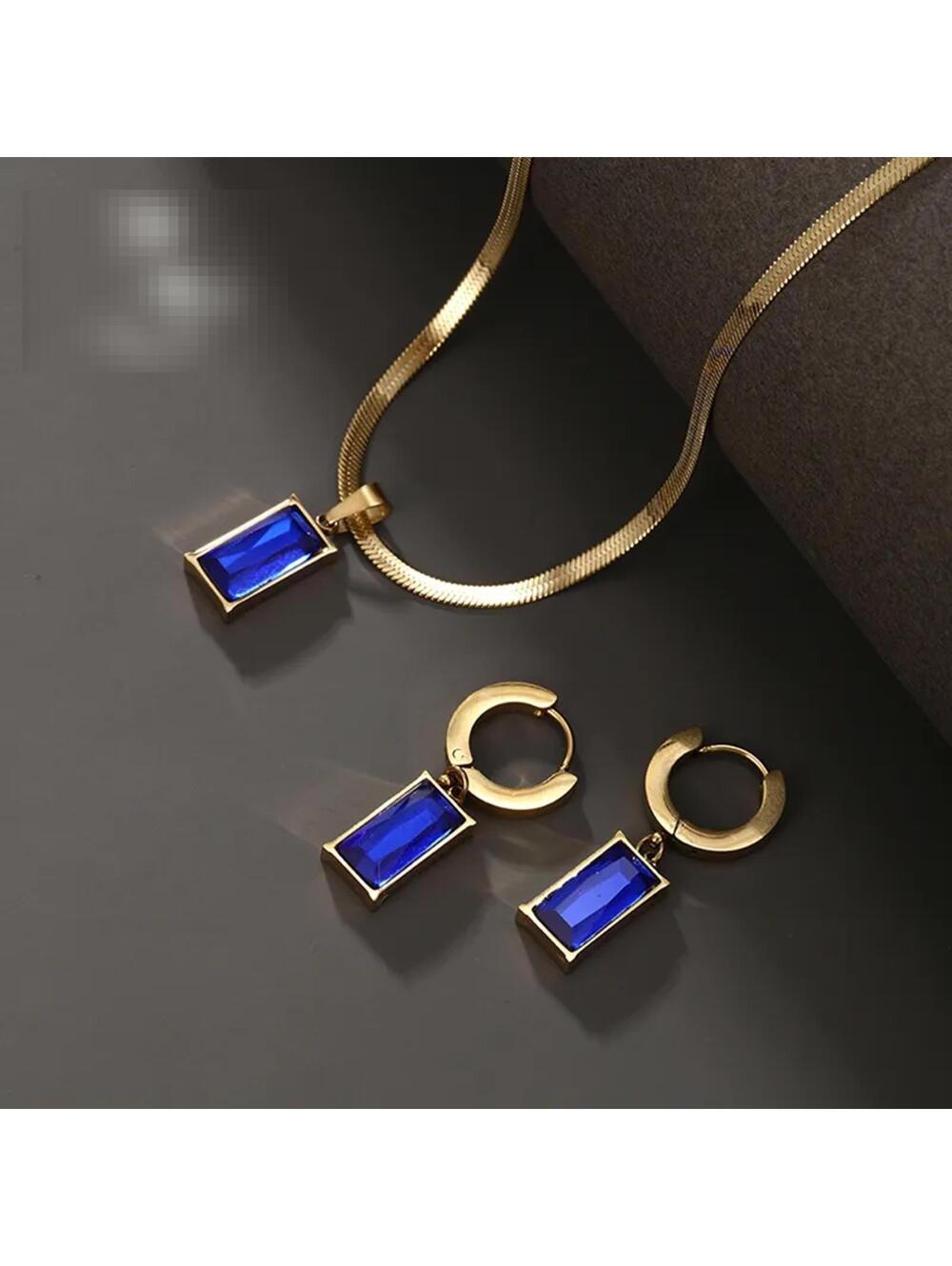 Blue rectangle - Necklace/Earring set - Gold - CZs - 18"